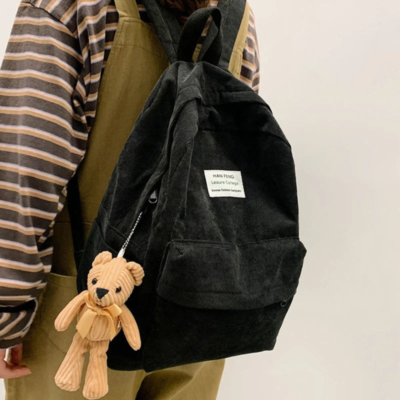 Women Corduroy Backpack with Pendant School Bag