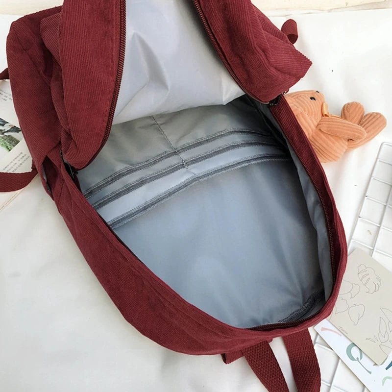 Women Corduroy Backpack with Pendant School Bag Travel College Daypack