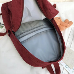 Women Corduroy Backpack with Pendant School Bag
