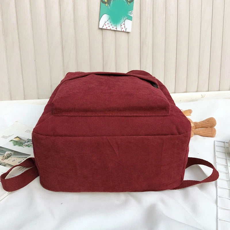 Women Corduroy Backpack with Pendant School Bag