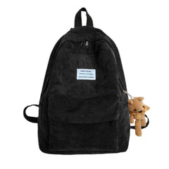 Women Corduroy Backpack with Pendant School Bag Travel College Daypack