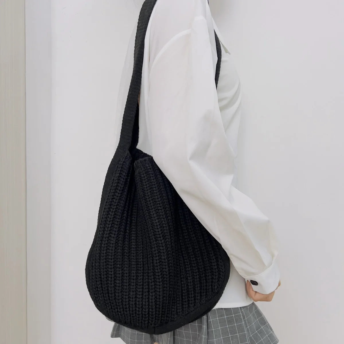 Solid Knitted Messenger Bag Large Capacity Tote Shoulder Bag Women's Crossbody
