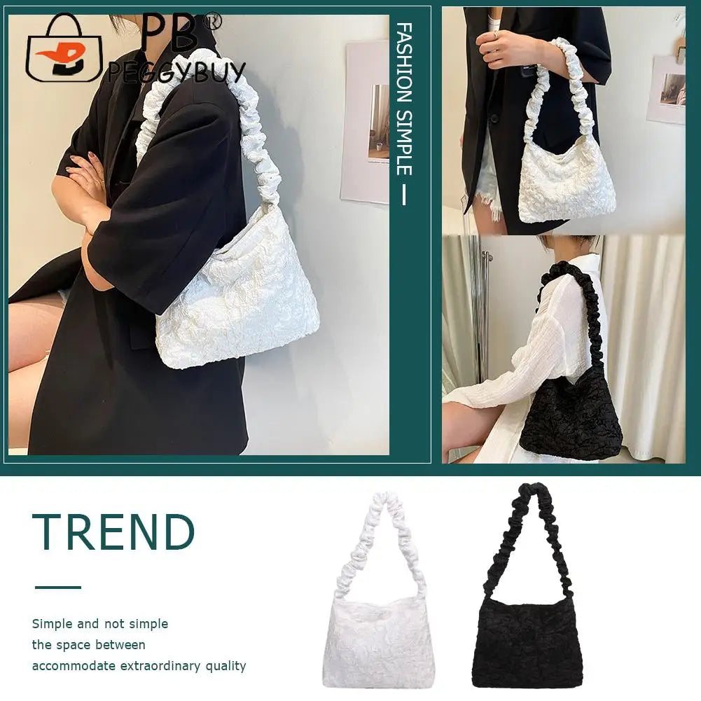 Women Casual Pleated Shoulder Bags Solid Handbags Large Capacity Tote