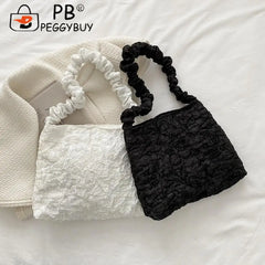 Women Casual Pleated Shoulder Bags Solid Handbags Large Capacity Tote