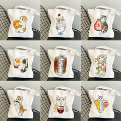 Cartoon Cat Anime Canvas Shopper Bag Large Capacity Shoulder Handbag