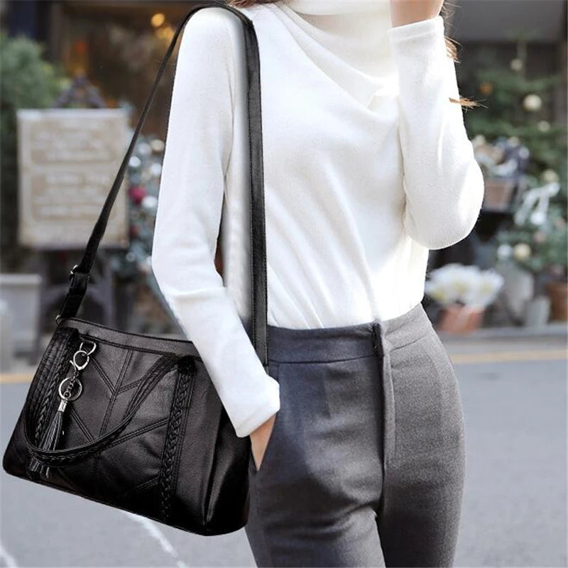 Women Casual Tassel Handbag Large Capacity Shoulder Bag Vintage PU Leather