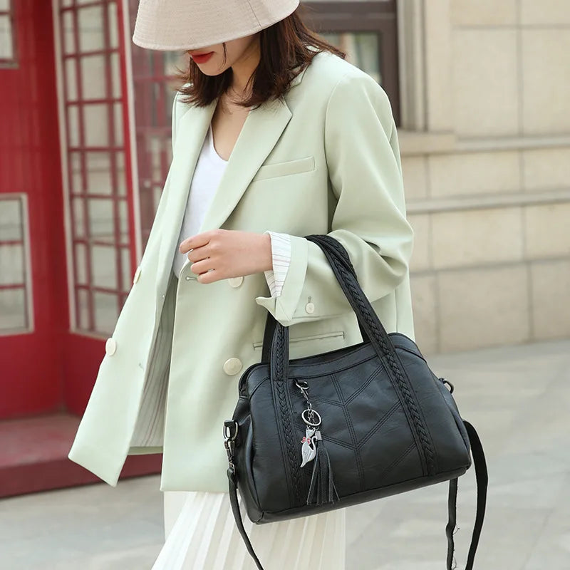 Women Casual Tassel Handbag Large Capacity Shoulder Bag Vintage PU Leather