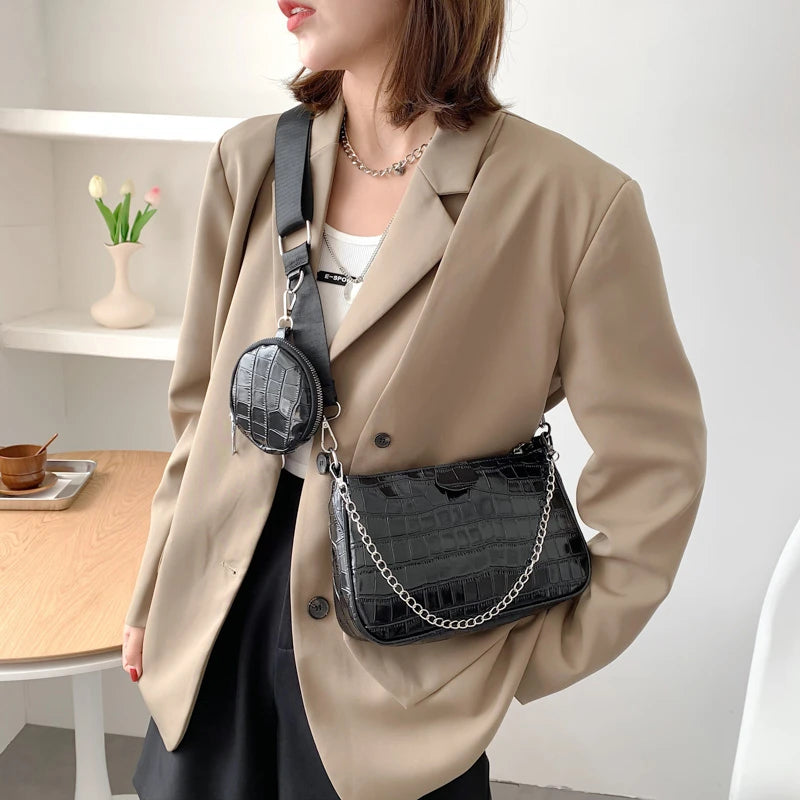 Women Casual Shoulder Bag 2 Pieces Set Stone Pattern Leather Women Bags