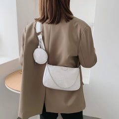 Women Casual Shoulder Bag 2 Pieces Set Stone Pattern Leather Women Bags