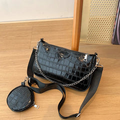 Women Casual Shoulder Bag 2 Pieces Set Stone Pattern Leather Women Bags