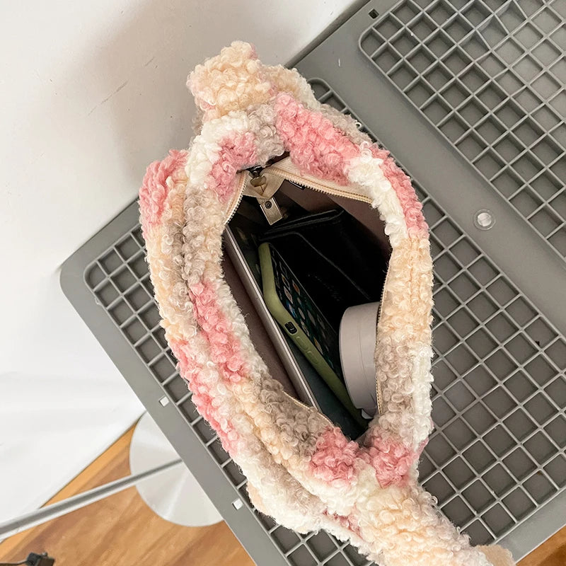 Women Plush Shoulder Bag Small Messenger Bag Zipper Purse Ladies Crossbody Bag