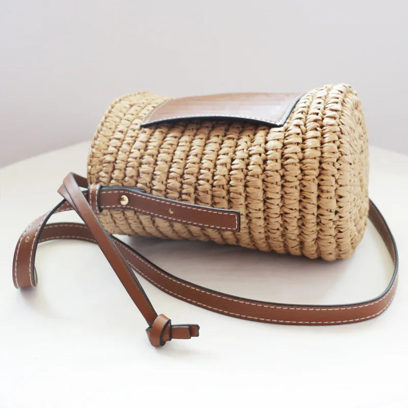 Women Straw Woven Cylinder Bag Drawstring Bucket Shoulder Bag