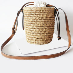 Women Straw Woven Cylinder Bag Drawstring Bucket Shoulder Bag