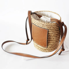 Women Straw Woven Cylinder Bag Drawstring Bucket Shoulder Bag