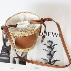 Women Straw Woven Cylinder Bag Drawstring Bucket Shoulder Bag