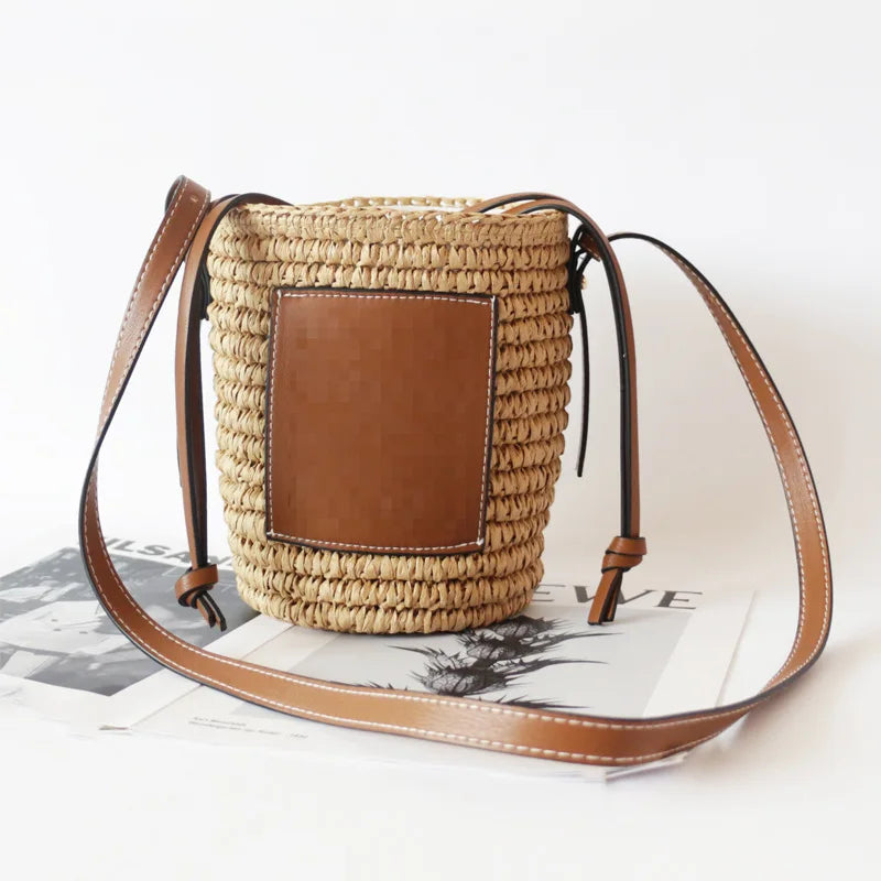 Women Straw Woven Cylinder Bag Drawstring Bucket Shoulder Bag
