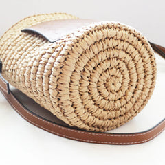 Women Straw Woven Cylinder Bag Drawstring Bucket Shoulder Bag