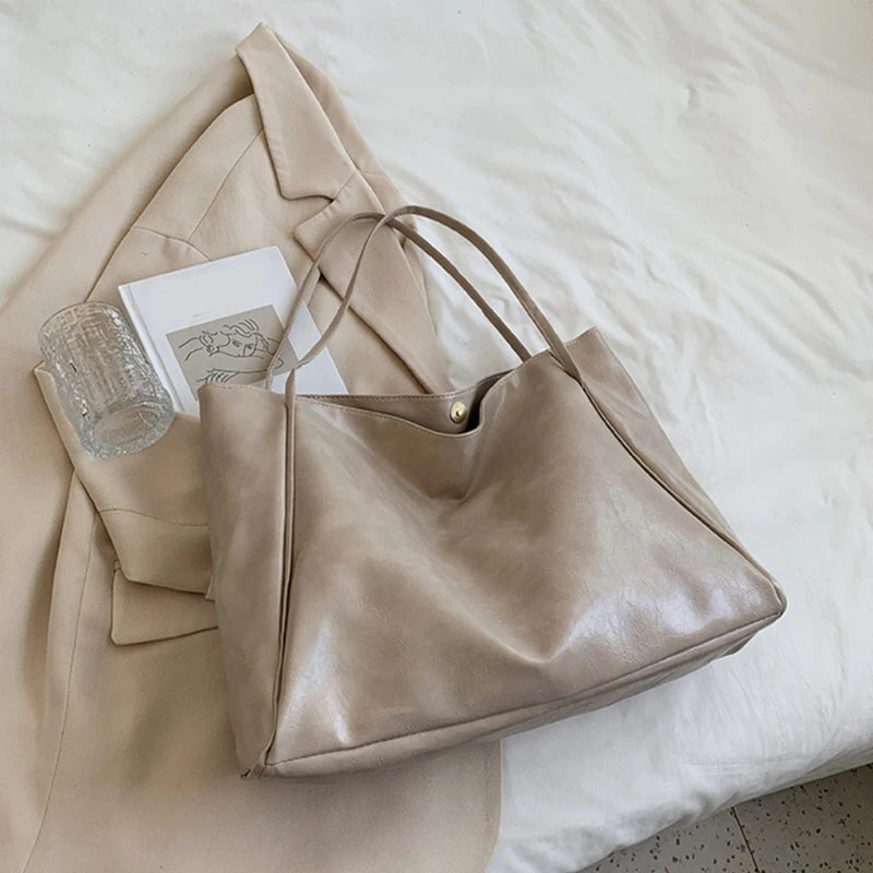 Women Casual Tote Large Capacity Shoulder Bag Soft PU Leather Handbag