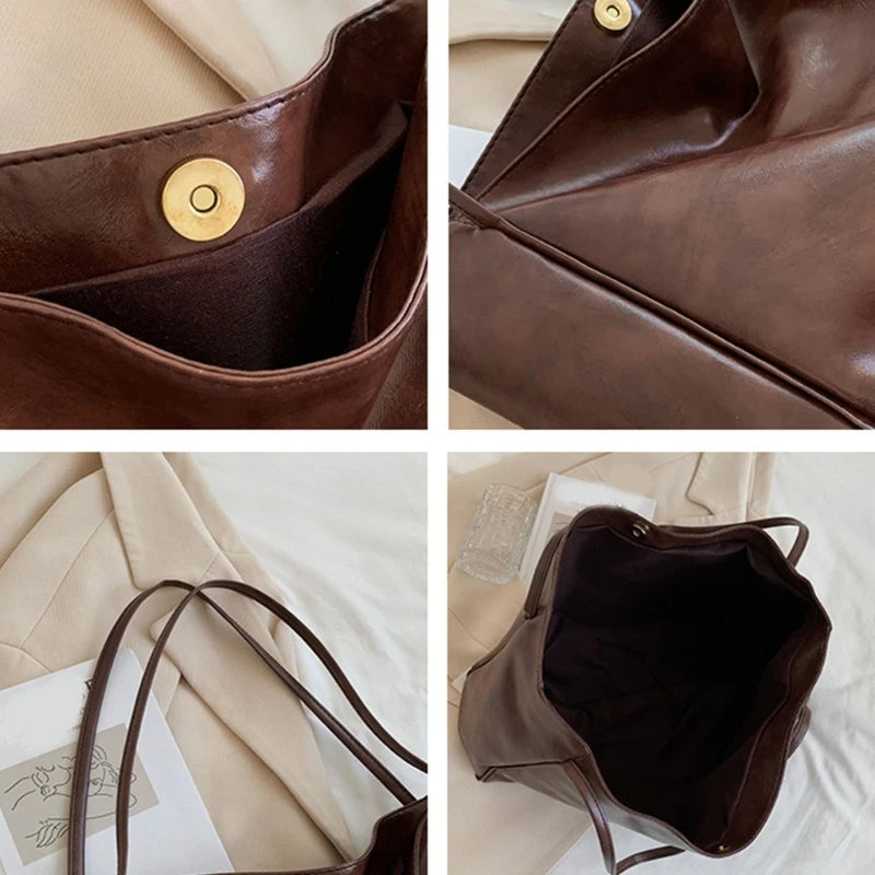 Women Casual Tote Large Capacity Shoulder Bag Soft PU Leather Handbag