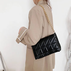 Women Chain Shoulder Underarm Bag Lattice Pattern PU Retro Solid Handbags
