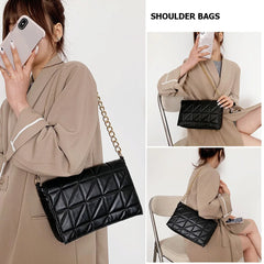 Women Chain Shoulder Underarm Bag Lattice Pattern PU Retro Solid Handbags
