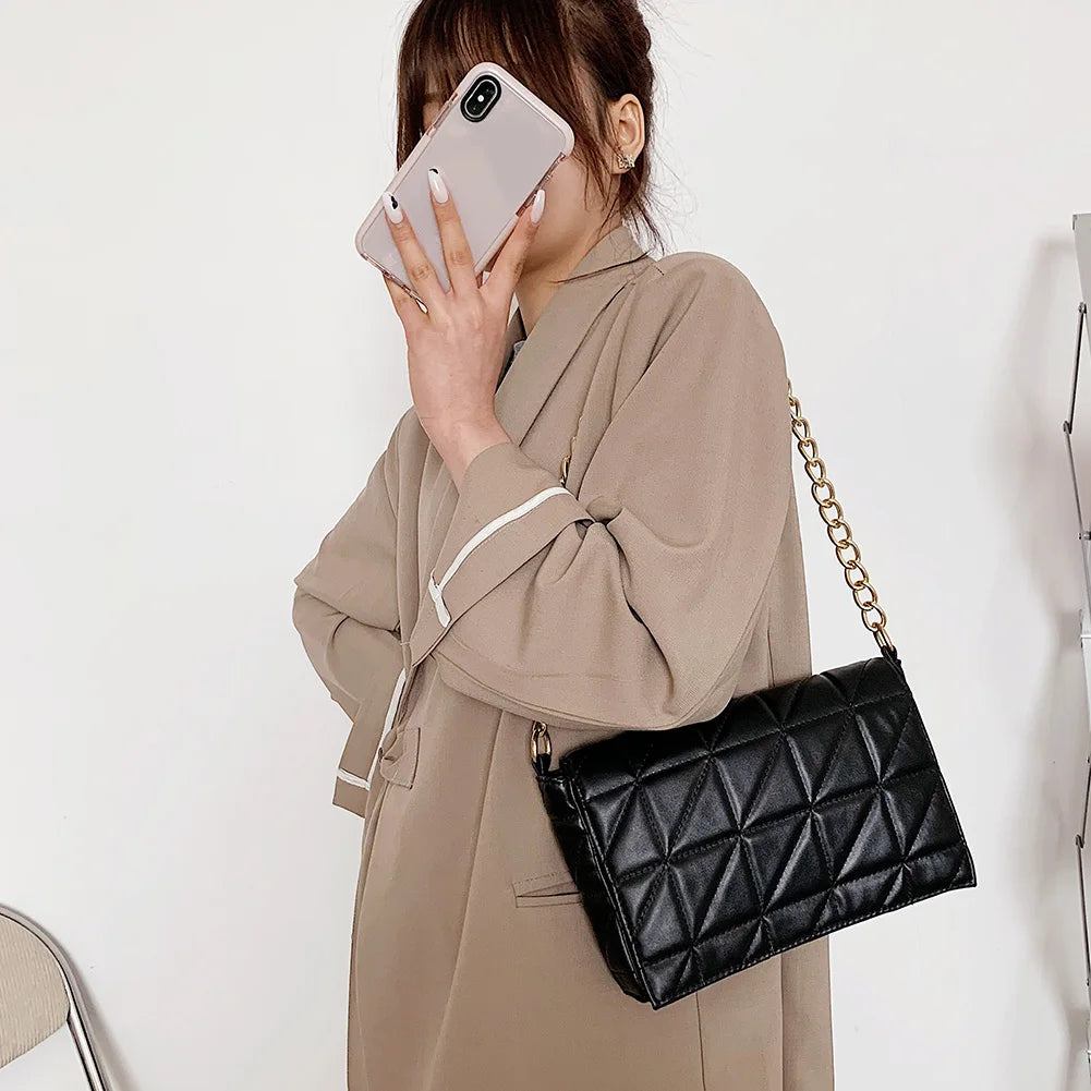 Women Chain Shoulder Underarm Bag Lattice Pattern PU Retro Solid Handbags