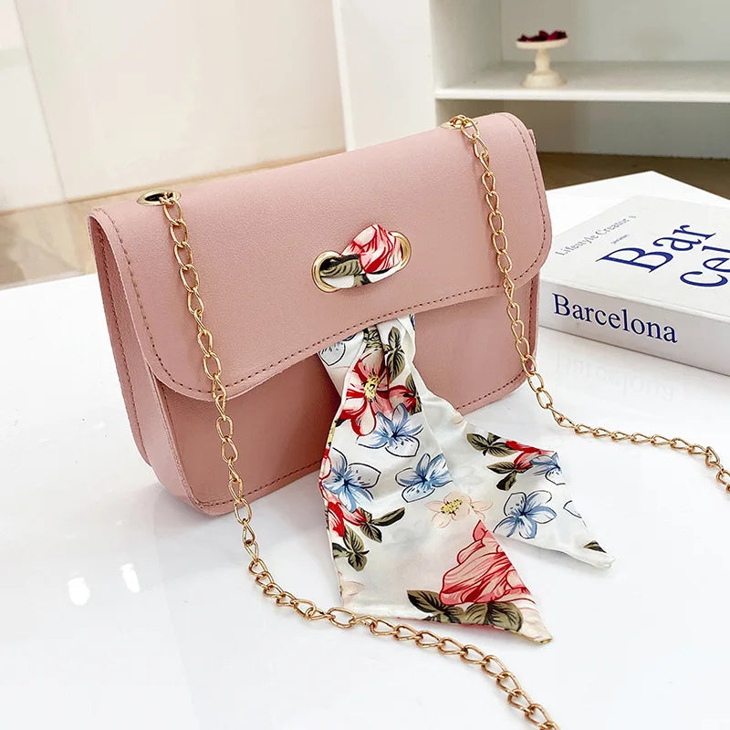 Women Chain Small Shoulder Bags Pu Leather Silk Scarf Crossbody Bags
