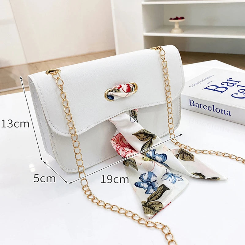Women Chain Small Shoulder Bags Pu Leather Silk Scarf Crossbody Bags