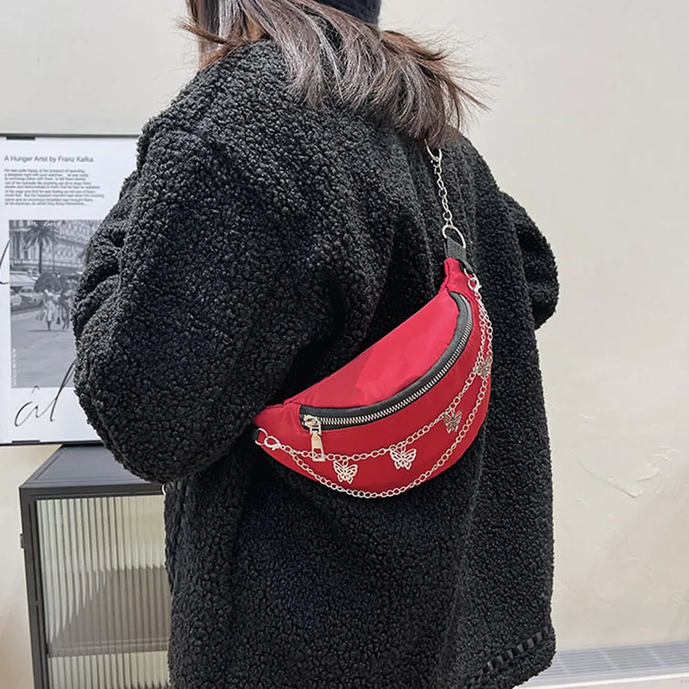 Women Chain Waist Bag Nylon Zipper Small Travel Phone Chest Bag