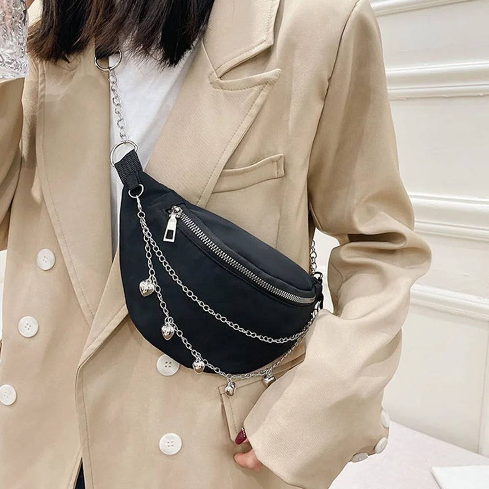Women Chain Waist Bag Nylon Zipper Small Travel Phone Chest Bag