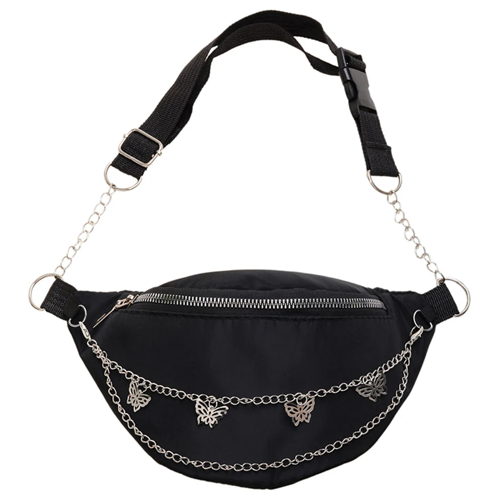 Women Chain Waist Bag Nylon Zipper Small Travel Phone Chest Bag
