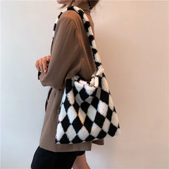 Women Checkerboard Print Shoulder Bag Large Capacity Tote Bags