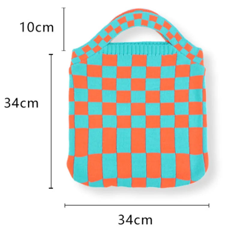 Women Checkered Shoulder Bag Woolen Knitted Clash Tote Bag