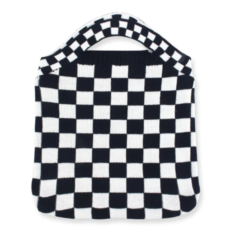 Women Checkered Shoulder Bag Woolen Knitted Clash Tote Bag