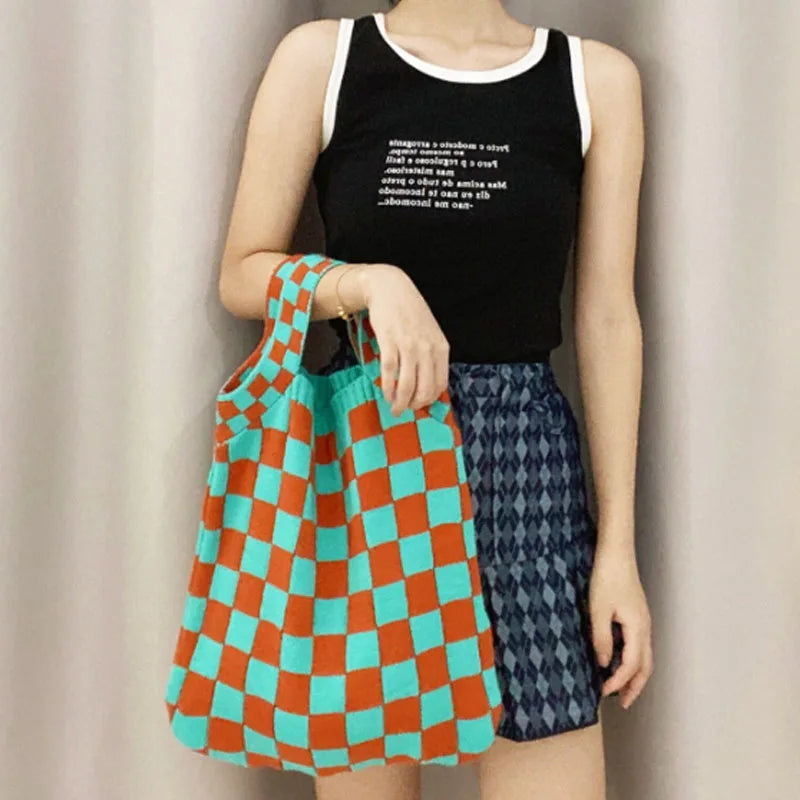 Women Checkered Shoulder Bag Woolen Knitted Clash Tote Bag