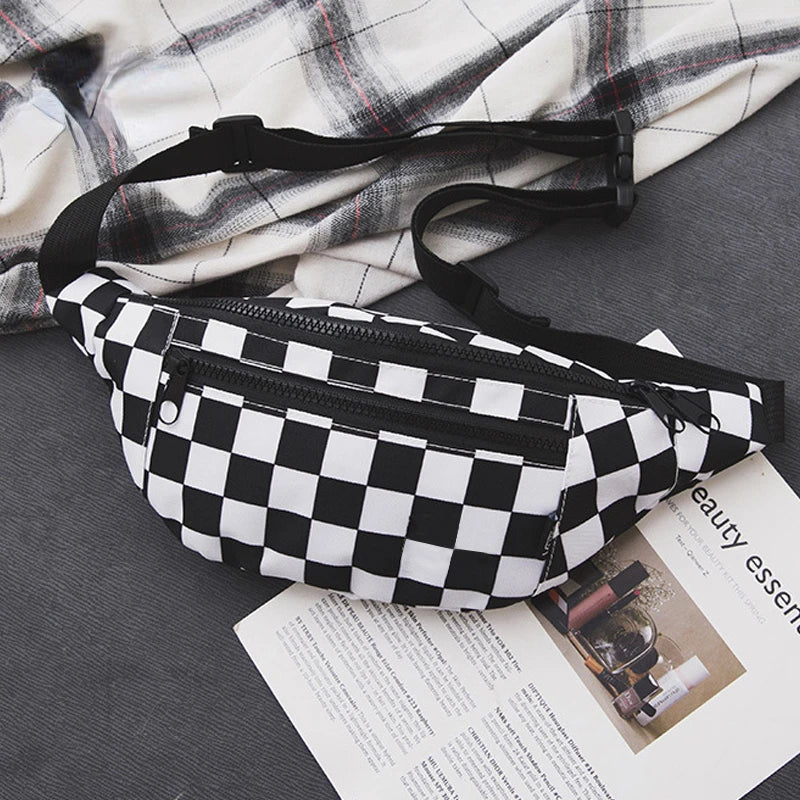 Women Checkered Waist Bag Female Canvas Chest Bags Woman Plaid Waist Packs