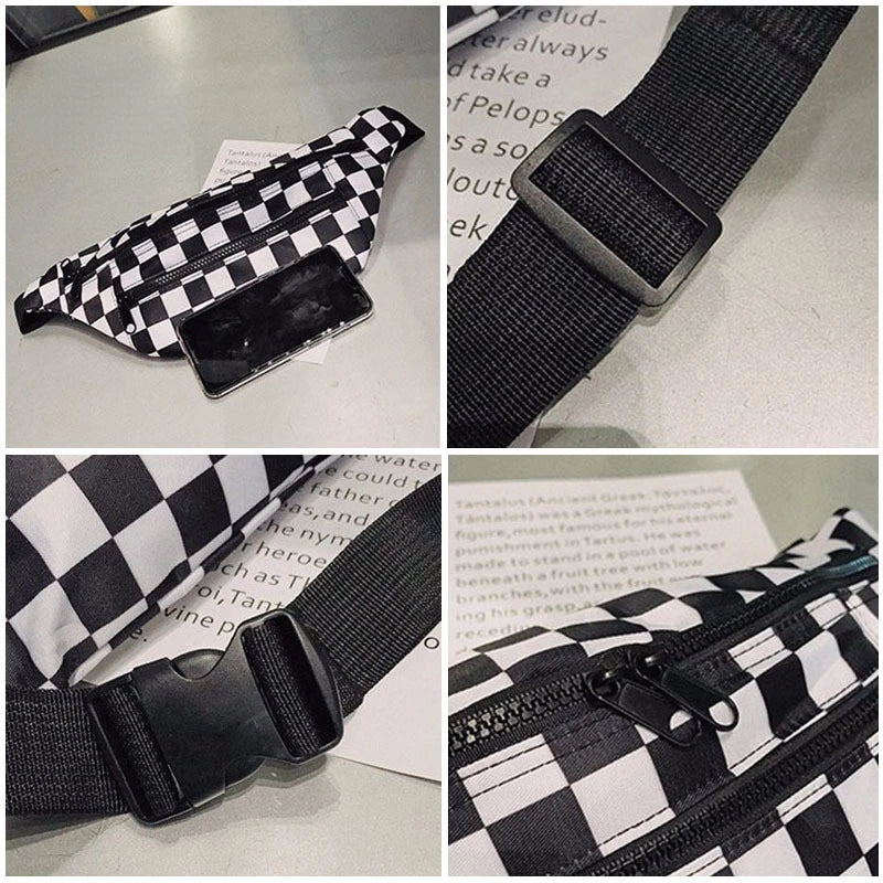 Women Checkered Waist Bag Female Canvas Chest Bags Woman Plaid Waist Packs