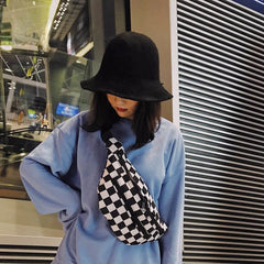 Women Checkered Waist Bag Female Canvas Chest Bags Woman Plaid Waist Packs