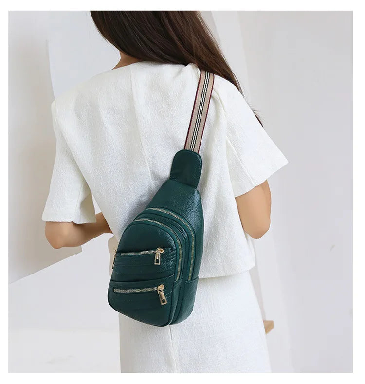 Women Chest Packs Solid PU Leather Female Shoulder Handbags