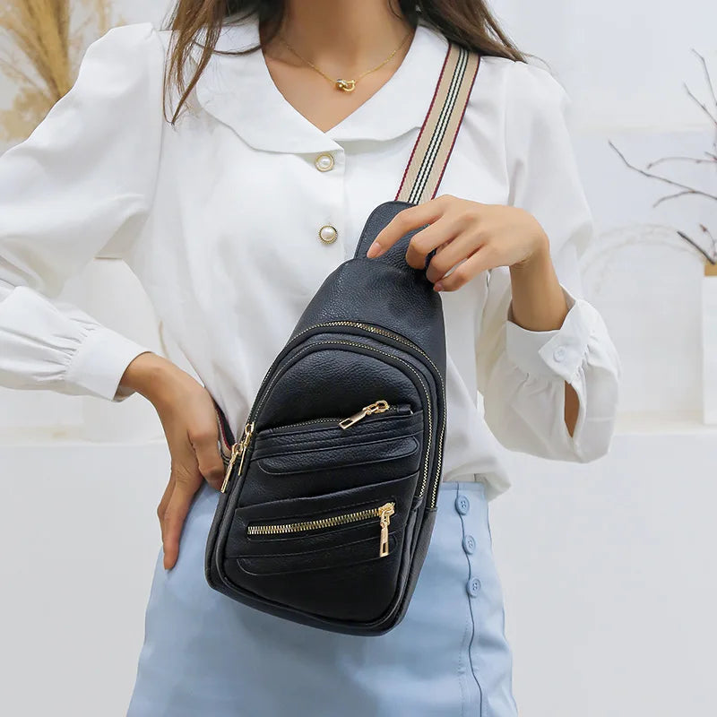 Women Chest Packs Solid PU Leather Female Shoulder Handbags