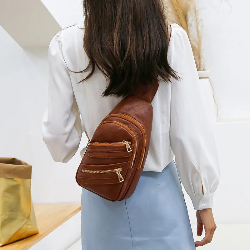 Women Chest Packs Solid PU Leather Female Shoulder Handbags