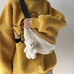 Soft Plush Crossbody Bag Women Chest Shoulder Purse Patchwork Phone Pouch