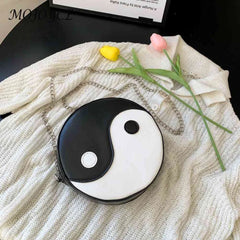 Women Chinese Style Circular Chain Crossbody Bag PU Leather Round Shoulder Bag