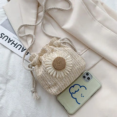 Women Sunflower Bucket Bags Straw Handbags Shoulder Bag
