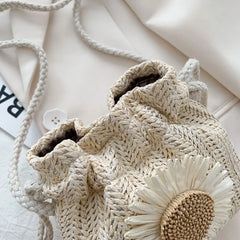 Women Sunflower Bucket Bags Straw Handbags Shoulder Bag
