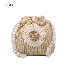 Women Sunflower Bucket Bags Straw Handbags Shoulder Bag