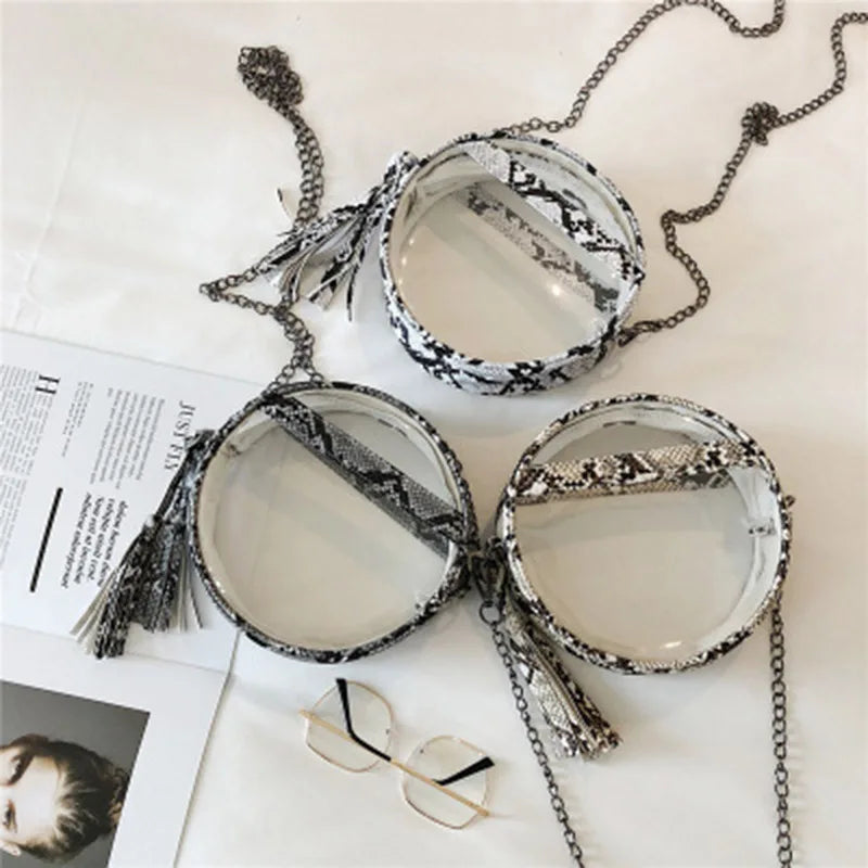 Clear Snakinskin Crossbody Round Transparent Shoulder Chain Handbag
