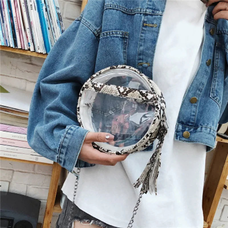 Clear Snakinskin Crossbody Round Transparent Shoulder Chain Handbag