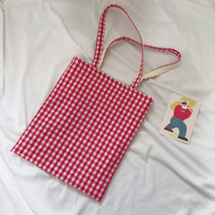 Plaid Canvas Shoulder Bag Eco-Friendly Large Shopping Handbag