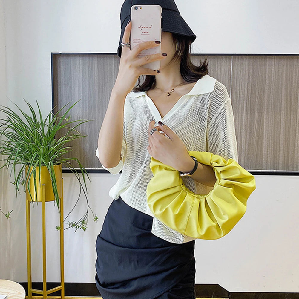 Women Cloud Bag Soft PU Leather Ladies Pleated Handbag Underarm Bag Totes